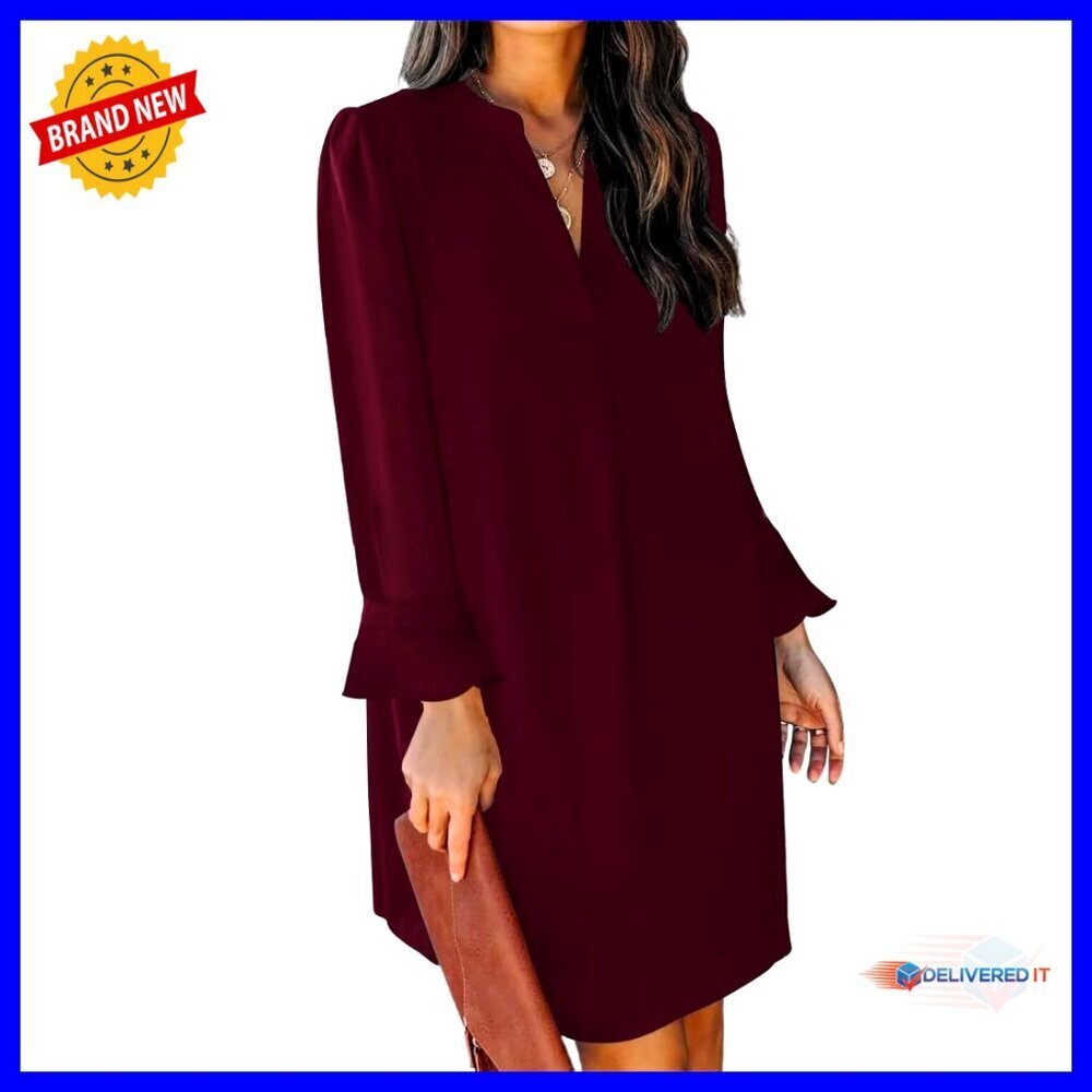 V Neck Long Sleeve Flowy Mini Tunic Dress Casual Elegant Fall Fashion